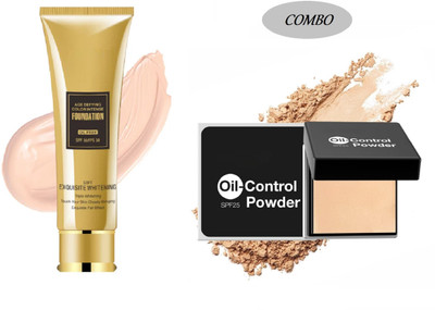 Luipui Premium Green Tea Whitening Foundation & Oil Control Powder Compact with SPF 25/ Waterproof, Lightweight(2 Items in the set)
