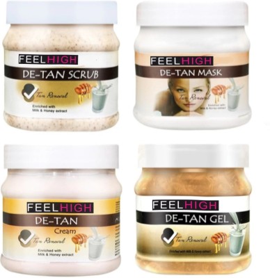 feelhigh Detan Scrub, Mask, Cream and Gel,500ml each, For Tan removal Enriched with Milk and Honey(4 Items in the set)
