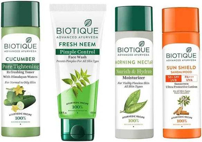 BIOTIQUE CUCUMBER TONER 120ML & FRESH NEEM FACE WASH 150ML & MORNING MOSTURIZE 120ML & SANDALWOOD SUNSHIELD 120ML SKIN CARE COMBO(4 Items in the set)