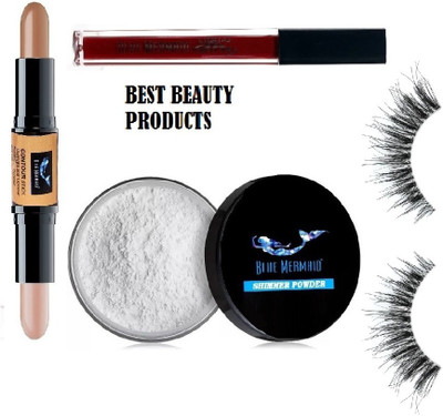 BLUEMERMAID WOMEN BEST MATTE LIPSTICK SILVER HIGHLIGHTER 2 IN 1 CONTOUR STICK & 3D EYELASHES BEST COMBO(4 Items in the set)