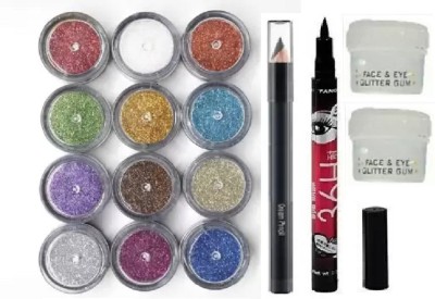 Elecsera Eye Shadow Glitter Powder Set And Nail Art Decoration 4x12= 48 g with Eyebrow Pencil and Eyeliner Glitter Glue(16 Items in the set)