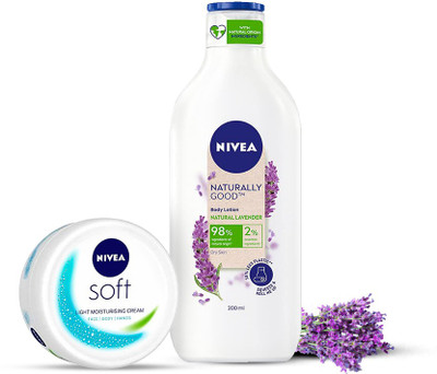 NIVEA Soft Light Moisturizer Cream 200 ml & Naturally Good Natural Lavender Body Lotion 200 ml (2 Items in the set)