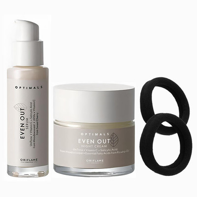 Oriflame OPTIMALS Even Out Night Cream 50 ml with Even Out Serum 30 ml with Black Rubber Bands 2 piece(4 Items in the set)