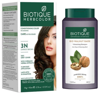 BIOTIQUE Conditioning Hair Color 3N Darkest Brown & Walnut Bark Shampoo 340 ML (2 Items in the set)