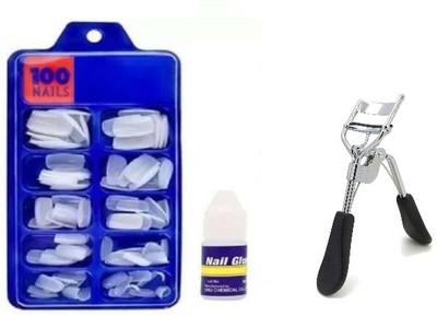 Lusty soul Artificial White Nails Set With Glue/ Reusable Fake Nails-100, Eyelash Curler For Women - Suitable for all eye shapes(3 Items in the set)