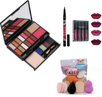 TUMR FASHION MAKEUP KIT + 36H BLACK EYELINER + MATTE MINI LIPSTICK + 6IN1 PUFF SET(4 Items in the set)