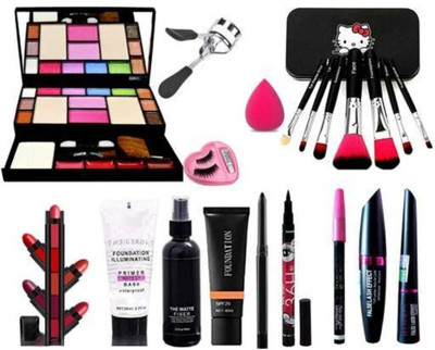 mkldsrh 6155 make up kit brush with blenders curler eyelash lipstick primer fixer foundation 36 h eyeliner 3 in 1 kajal eyeliner mascara(11 Items in the set)