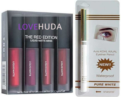 LOVE HUDA Professional Waterproof Liquid Matte Red Edition Lipstick & Auto White Kajal(2 Items in the set)