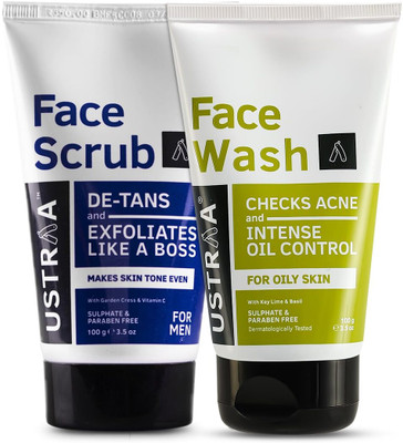 USTRAA Face Wash Oily Skin & Face Scrub De-Tan | Effective Tan Removal for Men(2 Items in the set)