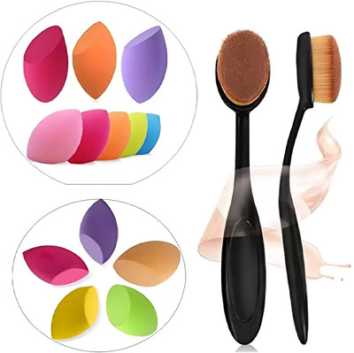 Earthcon Professional Oval Foundation Brush 2 PCs With 13 PCs Beauty Blender, Multi Color, Set of 15(1 Items in the set)