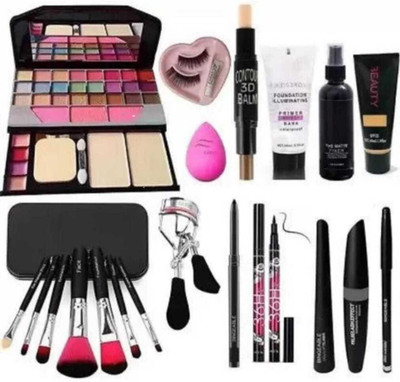mkldsrh 6155 make up kit brush blenders curler eyelash 36 h eyeliner 3 in 1 kajal eyeliner mascara contour stick primer fixer foundation(12 Items in the set)