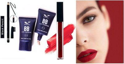 BLUEMERMAID BEST BB FOUNDATION RED LIPSTICK WITH BLACK EYE BROW PENCIL LONG WEAR(3 Items in the set)
