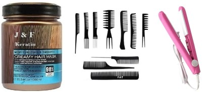 J & F 10 Pcs Hair Comb Set with Keratin Hair Mask & Professional Hair Straightener(3 Items in the set)