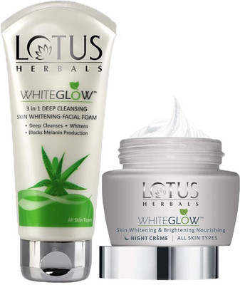 LOTUS HERBALS Whiteglow 3 in 1 Facial Foam 200g & Whiteglow Skin Whitening Nourishing Night 60g(2 Items in the set)