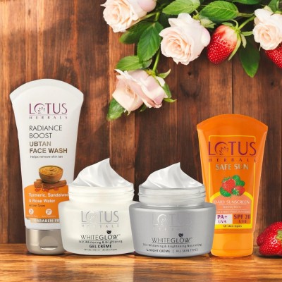 LOTUS HERBALS WhiteGlow Skin Brightening Gel Crème SPF25 PA+++40G, Night Cream 40G, Sunscreen Cream PA+ SPF20 50G with Boost Ubtan Facewash50G(4 Items in the set)