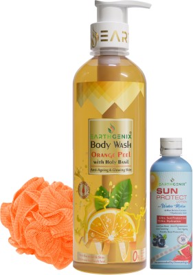 Earthgenix Orange Peel with Holy Basil Body Wash 500ml with Free Loofah & Sun Protect Blue Berries Body Lotion 100ml(3 Items in the set)