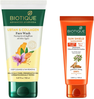 BIOTIQUE UBTAN COLLAGEN FACE WASH 150ML, SUNSHIELD SANDALWOOD SUNSCREEN 50+SPF 100ML(2 Items in the set)