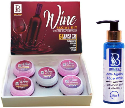 Beleza professional Combo Pack of (Vitamin E Anti Ageing Face Wash 100ml & Wine Facial Kit 250g) for Women & Men to get Clear, Smooth and Glowing Skin(2 Items in the set)