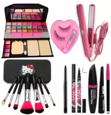 wryak 1 Kajal 1 Hair Straightener 1 Eyeliner 1 Mascara 1 Eyebrow Pencil 1 Eyelash Pair 1 Glue 1 Eyeliner 7 Brush 1 Makeup Kit(16 Items in the set)