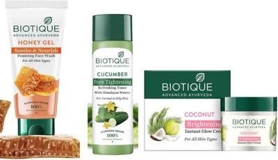 BIOTIQUE HONEY FACE WASH 150ML & CUCUMBER TONER 120ML & COCONUT CREAM 50G ( INSTANT GLOW FOR ALL SKIN TYPE )(3 Items in the set)