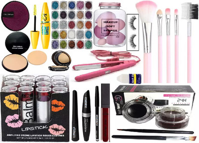 SUBHMUN best makeup combo GLITTER PALETTE & YELLOW MASCARA & MAKEUP REMOVER & COMPACT POWDER & HAIR STRAIGHTENER & EYELASHES WITH GLUE(19 Items in the set)
