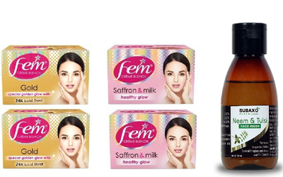 Fem GOLD BLEACH 2 PC & SAFFRON AND MILK 2 PC EACH OF 40 G & SUBAXO NEEM AND TULSI FACE WASH 100 ML(5 Items in the set)
