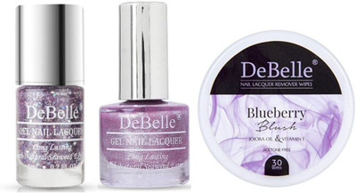 DeBelle Combo Kit (Blueberry Blush Nail Polish Remover Wipes, Tatiana Tassles Nail Polish, Adorable Amelia Lipstick)(3 Items in the set)