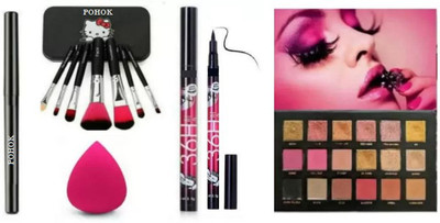 Pohok Smudge Proof Eye shadow Palette & 7 pcs Makeup Brush & Sponge puff & 36 HR water proof eye liner(5 Items in the set)