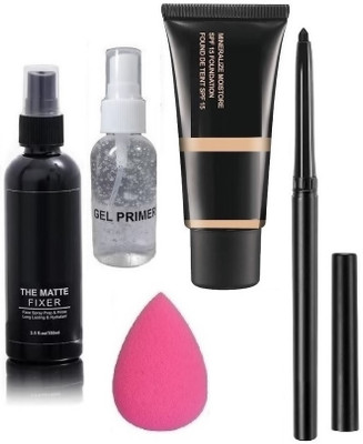 SEUNG HIGH QUALITY MAKEUP COMBO KIT PRIMER FOUNDATION BLACK CRAYON KAJAL MAKEUP FIXER & BEAUTY BLENDER(5 Items in the set)