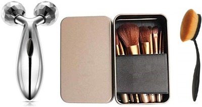 Lusty soul 3d Manual Face Massager For Women With Soft and Synthetic Bristle Makeup Brushes And OVAL Foundation Brush(3 Items in the set)