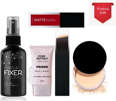 Sheny Makeup combo kit matte finish fixer.pro primer.foundation stick.loose powder.red lipstick. combo kit(1 Items in the set)