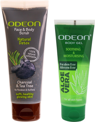 ODEON CHARCOAL AND TEA TREE FACE AND BODY SCRUB 100ML & Aloe Vera Multipurpose Gel for Skin and Hair 50ML(2 Items in the set)