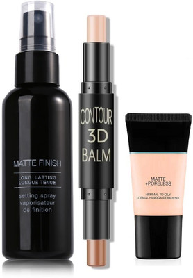 MYEONG Matte Pore less Liquid Foundation Tube And Highlight & Contour Stick And Makeup Setting Spray(3 Items in the set)