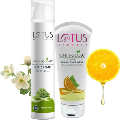 LOTUS HERBALS WhiteGlow Skin Brightening Gel Crème SPF 25 PA+++ 75G WITH WhiteGlow Vitamin-C Radiance Facewash 100G(2 Items in the set)