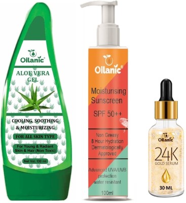 Oilanic Aloevera Gel 130ml, Sunscreen with SPF 50++ 100ml & 24K Gold Facial Serum 30ml(3 Items in the set)