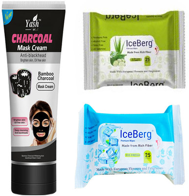 Yash Herbal Bamboo Charcoal Mask Cream (130g) with Wet Cleansing Wipes(3 Items in the set)