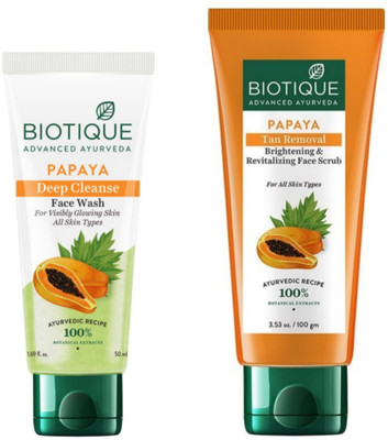 BIOTIQUE Papaya Face Wash 50 ML & Papaya Tan Removal Face Scrub 100 ML(2 Items in the set)