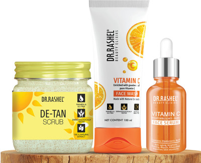 DR.RASHEL De Tan Scrub, Vitamin C Face Wash & Vitamin C Serum combo For Antiaging, Tan Removal & Glowing Skin(3 Items in the set)