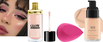Sheny foundation, makeup blender, liquid highlighter combo kit (SET OF -3)(3 Items in the set)