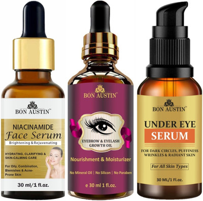 Bon Austin Niacinamide Face Serum, Eyebrow and Eyelash Growth Oil & Under Eye Serum (Combo Pack) Each, 30ml(3 Items in the set)