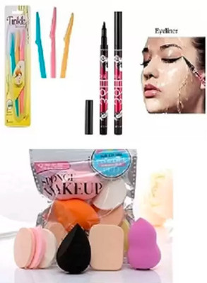 KAATO COMBO OF 3 Pcs Eye Brow Razor + 2 Pcs 36H Waterproof Eyeliner + 1 Set 6 in 1 Make Up Sponge(6 Items in the set)