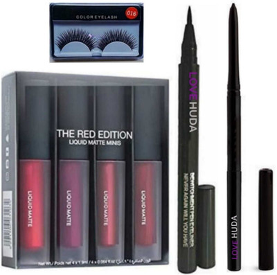LOVE HUDA Waterproof Mini Liquid Matte Red Edition Lipstick & Sketch Pen Black Eyeliner, Kajal & Eyelashes(4 Items in the set)