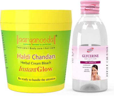 Aaryanveda Haldi Chandan Bleach Cream 250g & Glycerine for Skin 100ml Face Glowing Combo Pack(2 Items in the set)