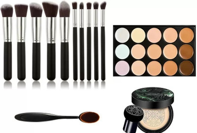 Saucefin 15 Shade Palette + Oval Make Up Brush + 10 Makeup Brush & Bb Cc Foundaion(4 Items in the set)