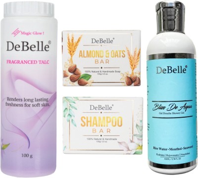 DeBelle Combo kit of (Fragranced Talcum Powder, Bliss De Aqua Body Wash, Almond & Oats Soap, Shampoo Bar)(4 Items in the set)