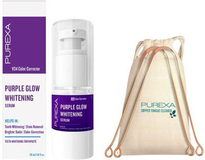 PUREXA Purple Glow Teeth Whitening Toothpaste with Ayurvedic Copper Tongue Cleaner-A with Ergonomic Handle for Gentle Tongue Cleaning(3 Items in the set)