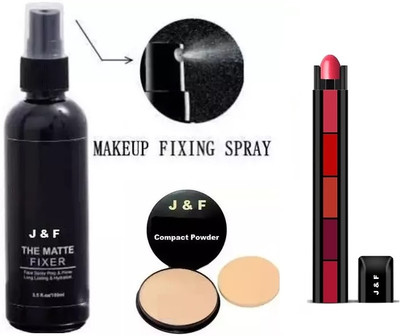 J & F Face Compress Powder, 5 in 1 red Lipstick, Makeup Fixer Spray(3 Items in the set)
