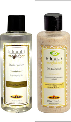 KHADI MEGHDOOT De-Tan Scrub and Rose Water Herbal Face Care Kit for Men and Womens 210ml Each(2 Items in the set)