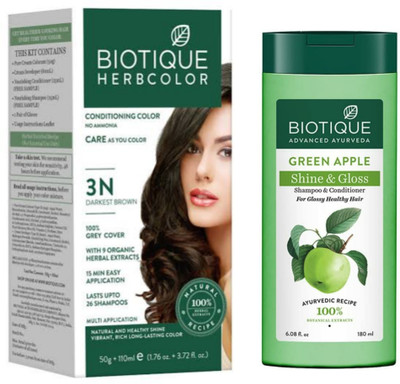 BIOTIQUE Conditioning Hair Color 3N Darkest Brown & Green Apple Shampoo 180 ML (2 Items in the set)