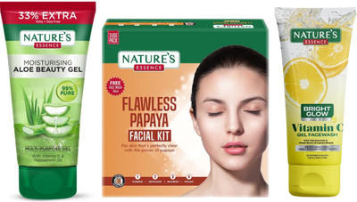 Nature's Moisturising Aloe Beauty Gel (150g)Advanced Flawless Papaya Facial Kit (60g)Bright Glow Vitamin C Face Wash (50ml)(3 Items in the set)